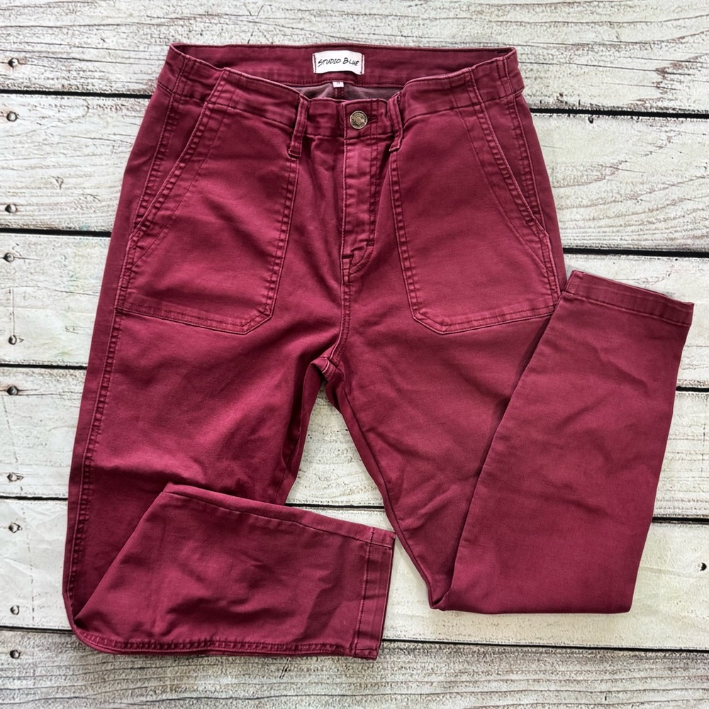 Studio Blue Faded Burgundy Utility Pants High Rise Straight Leg 29